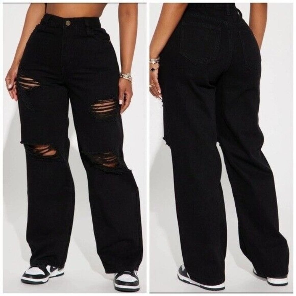 Fashion Nova Whatever You Say Ripped Wide Leg Jean - Black Women’s Plus Size 18